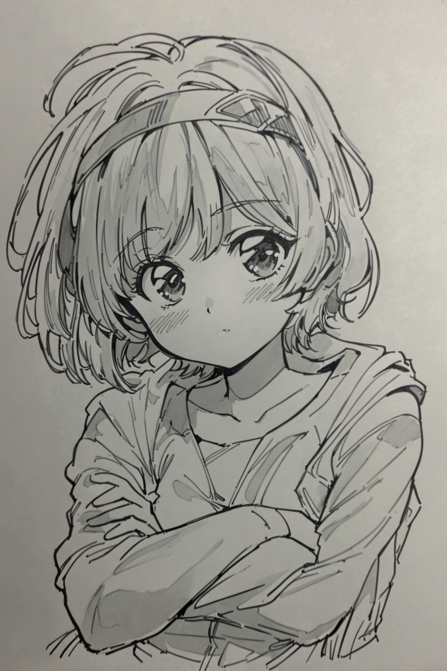 24768-886169130-monochrome, greyscale, 1girl, solo, headband, short hair, crossed arms, traditional media, upper body, blush, looking at viewer,.png